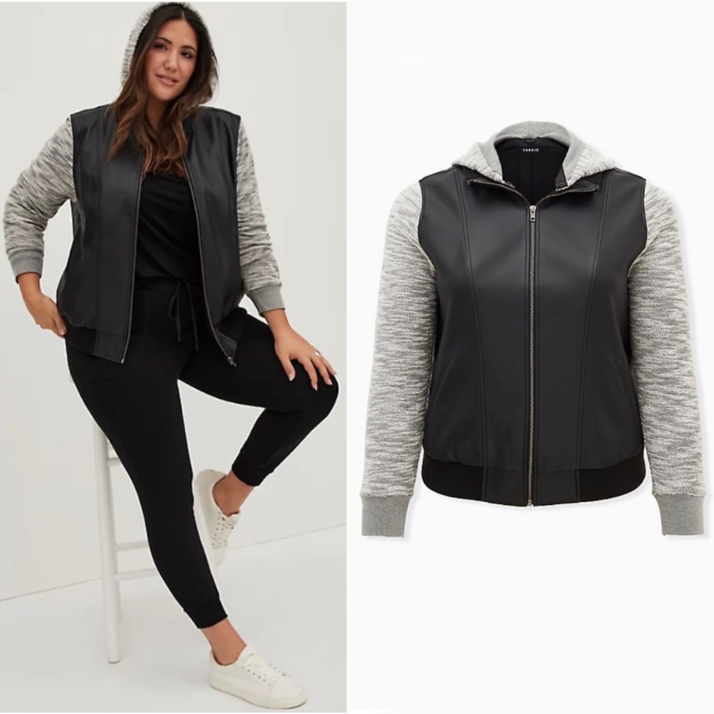 TORRID BLACK FAUX LEATHER & MARLED GREY TERRY BOMBER JACKET